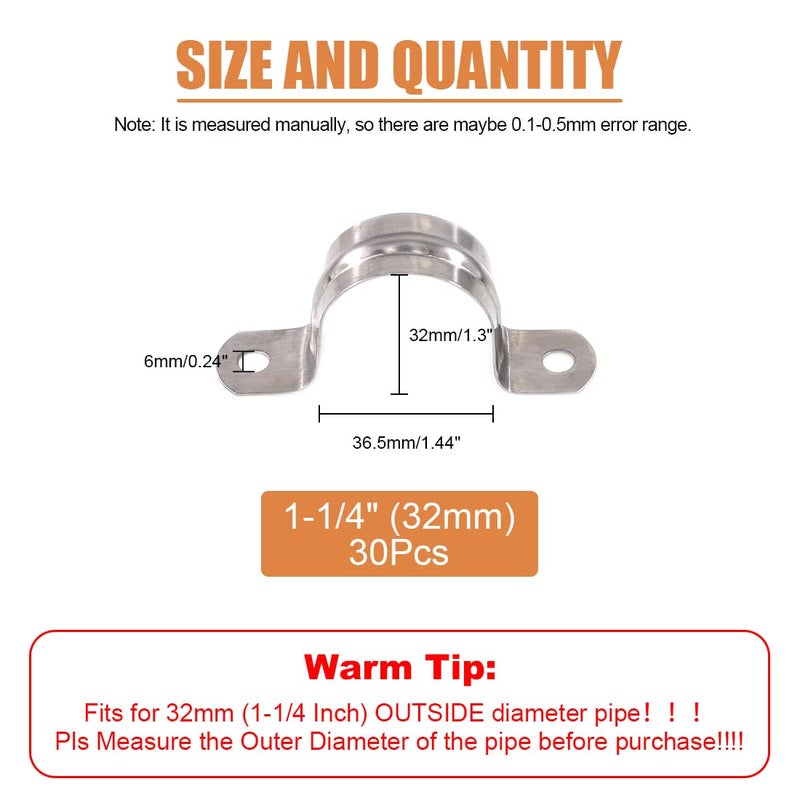 Keadic 30Pcs M32 Two Hole Strap U Bracket Tube Strap Tension Clips Stainless Steel Heavy Duty Rigid Pipe Strap Clamp - Image 2